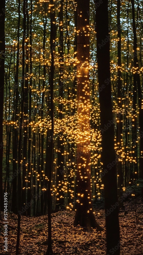 Obraz premium Mystical woodland illuminated by golden light filtering through the trees