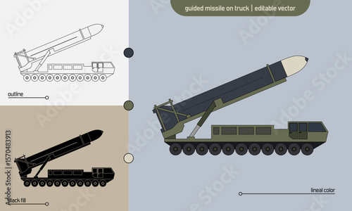 Vector set of guided missile transport trucks in lineal color, black fill, and outline styles. Ideal for defense, military, and engineering concept visuals.