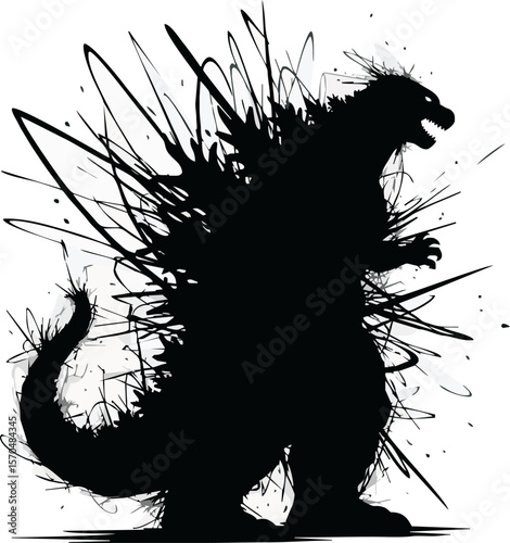 Silhouette of a large, monstrous creature with a spiky back and open mouth, roaring.