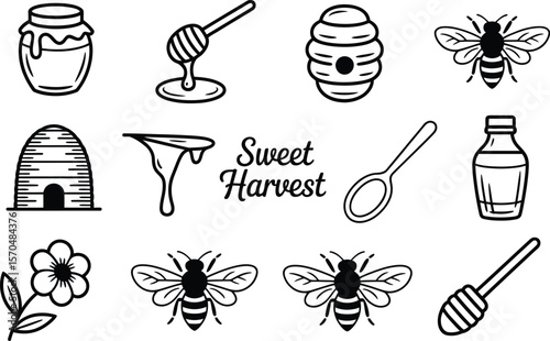 Honey Harvest Bee Icons Black and White Line Art bees