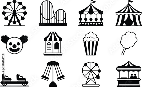 Amusement Park Icons Black and White Ferris Wheel Roller Coaster Carousel