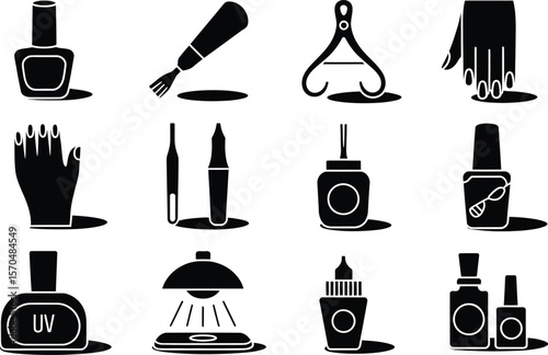 Black Silhouette Nail Art Icons Set Manicure Tools Bottles U V Lamp