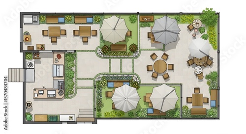 Floor plan of a cafe with outdoor seating area and landscaping.