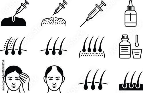 Hair Loss Treatment Icons Syringe Scalp Hair Follicles Medicine Bottles