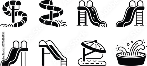 Water Park Slides Icons Set Black Silhouettes vector