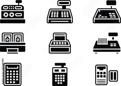 Black and White Cash Register Icons Set Retail Point of Sale Equipment