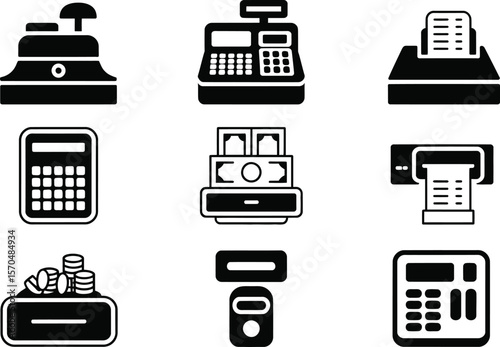 Nine Black Cash Register and Payment Icons Set white