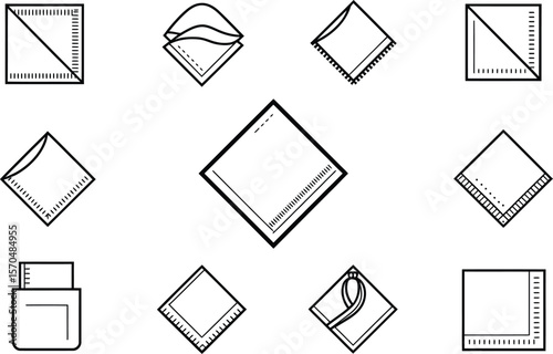 Ten Black Line Drawings of Folded Handkerchiefs Various Shapes