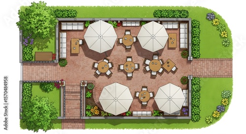 Top-down view of an outdoor patio design with tables, chairs, umbrellas, and landscaping.
