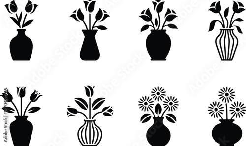 Black and White Flower Arrangements in Vases Simple Icons