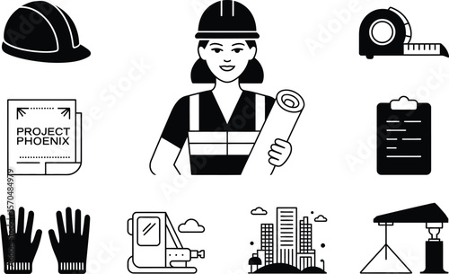 Female Construction Worker Project Phoenix Blueprint Hardhat Gloves