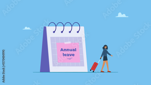 Joy businesswoman walking with luggage from calendar with annual leave note. Symbolizes take day off or vacation to rest and relax from hard work, time or schedule reminder of annual leave.
