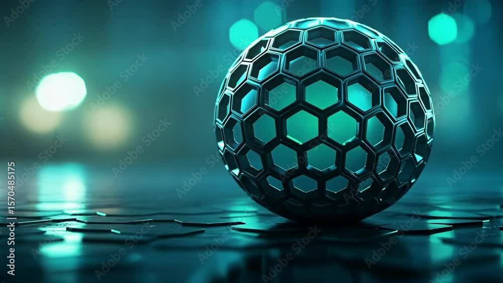 Futuristic geometric sphere with a hexagonal pattern and glowing accents.