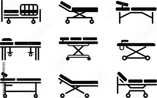 Nine Black Hospital Bed Icons Medical Equipment Illustrations