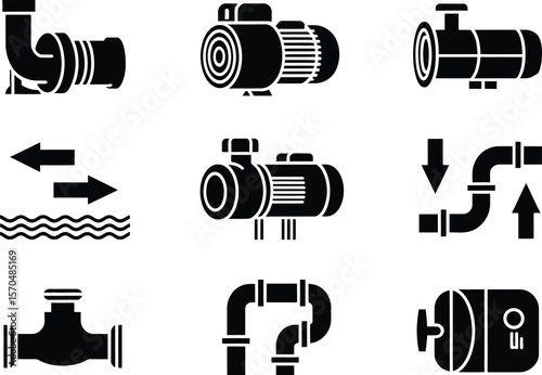 Black and White Water Pump Icons Set Plumbing Equipment Diagrams