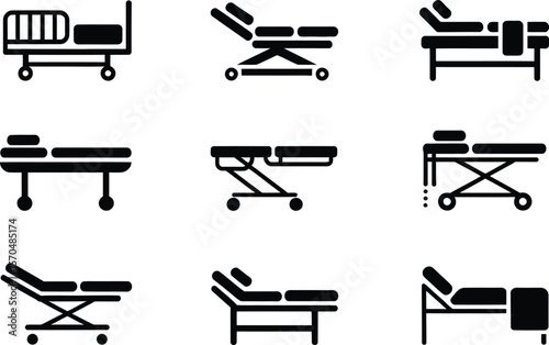 Nine Black Hospital Bed Icons Medical Equipment Illustrations 1