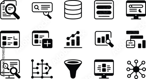 Black and White Data Analysis Icons Set Database Search Charts