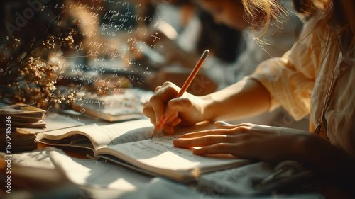 Focused Study Session: Hands diligently writing in a notebook, bathed in warm sunlight streaming through a window.  A captivating image of focused concentration and academic pursuit.