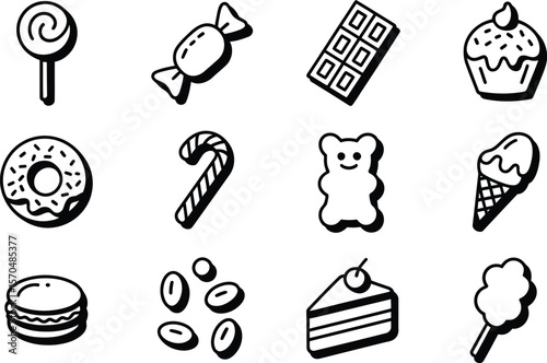 Black and White Sweet Treats Icons Collection Candy Lollipop Donut Cake