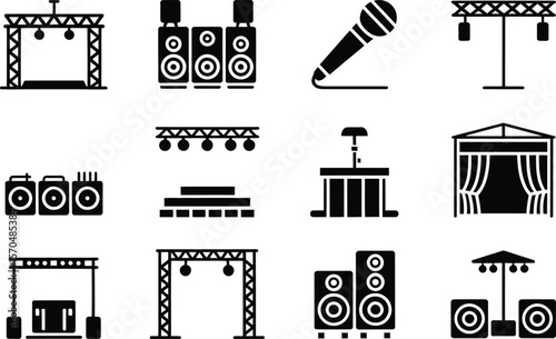 Black and White Concert Stage Equipment Icons Set music