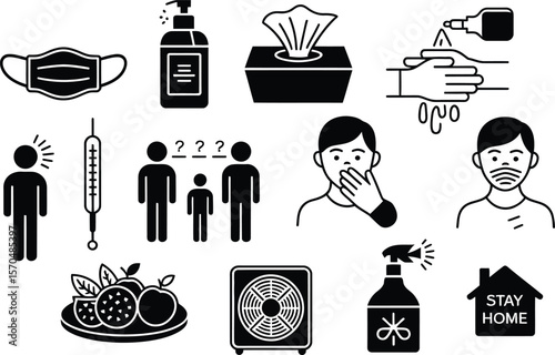 Black and White Icons Set Hygiene Prevention Health Safety