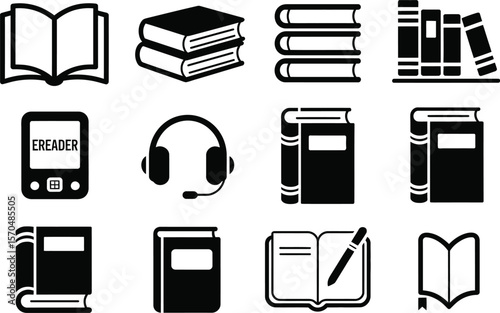 Black and White Book Icons Ereader Headset Symbols