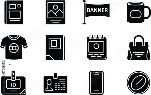 Black Glyph Icons Set Branding Merchandise Notebook Mug Tshirt