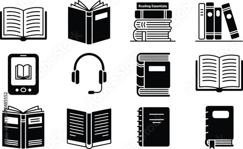 Black and White Book Icons Ebook Audiobook Reading