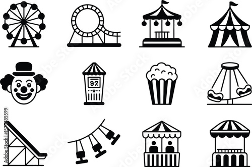 Amusement Park Ride Icons Ferris Wheel Roller Coaster Carousel Clown