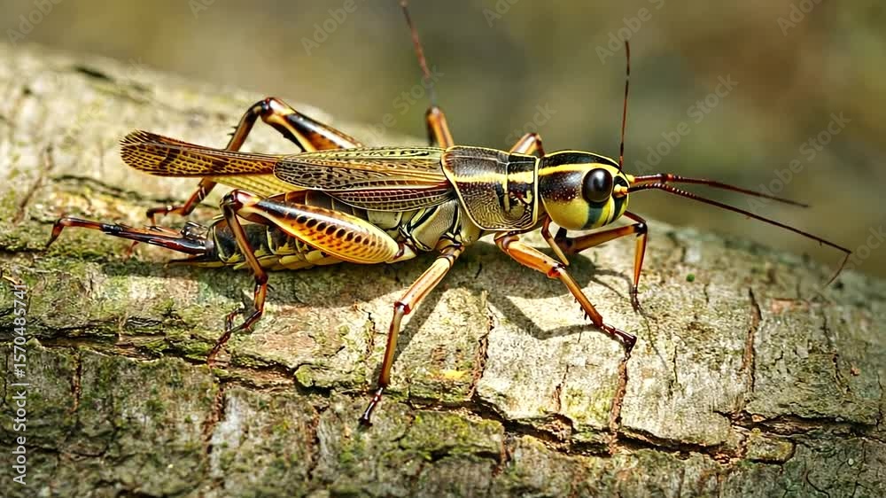 Close-up of a grasshopper resting on a tree branch in a vibrant natural setting