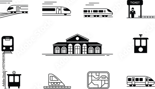 Black and White Train Station Icons Transportation Set