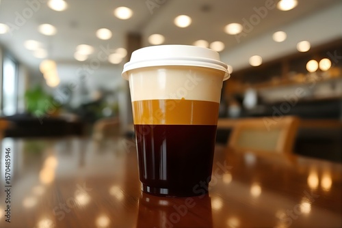 Layered Coffee Drink in Plastic Cup on Table: Creamy Coffee Beverage in Cafe Setting, Close-up Food Photography