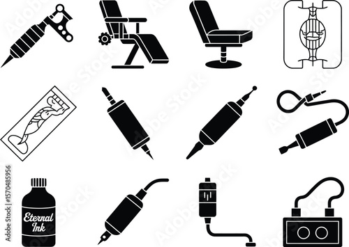 Tattoo Equipment Icons Black Silhouette Set tattoo machine