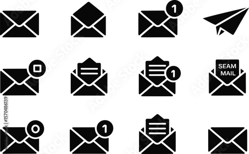 Black Envelope Icons Set Email Message Notification Symbols