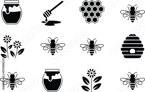 Honey Bees Honeycomb Flowers Honey Jar Beehive Black Icons