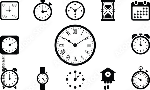 Black and White Timepiece Icons Collection Clocks Watches Stopwatch Hourglass Calendar