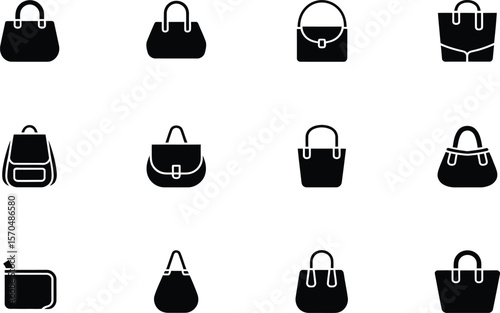 Twelve Black Handbag and Bag Icons Set bags white background