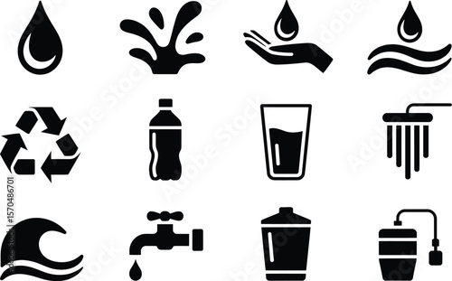 Twelve Black Water Icons Set Recycling Bottle Tap white