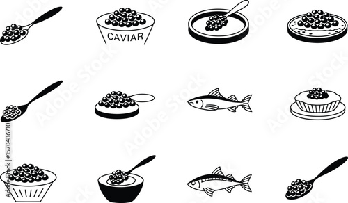 Black and White Caviar Illustration Spoons Bowls Fish