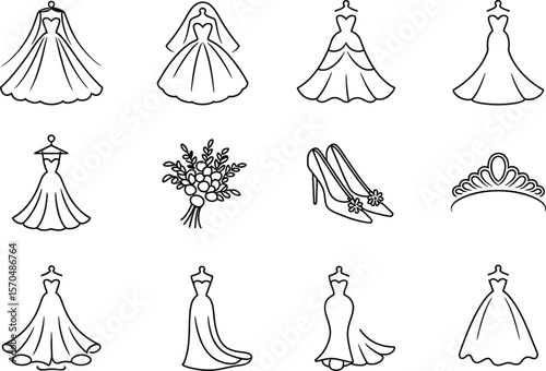 Wedding Dress Styles Bridal Bouquet Shoes Tiara Line Art Icons