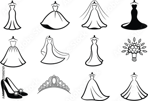 Wedding Dress Icons Bridal Gown Collection Veil Shoes Bouquet Tiara