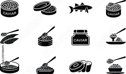 Black and White Caviar Icons Set Fish Spoons Jars Bowls