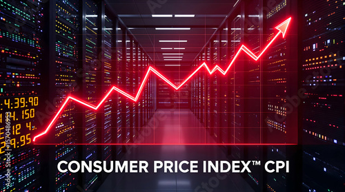 CPI rising graph, red line ascending in server room, indicating inflation or market growth for finance use