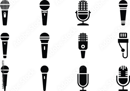 Twelve Black Microphone Icons Various Styles microphones