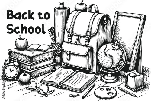 Vintage Back to School Pen Sketch Illustration with School Supplies and Education Elements