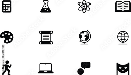 Black and White Education Icons Set Calculator Globe Book