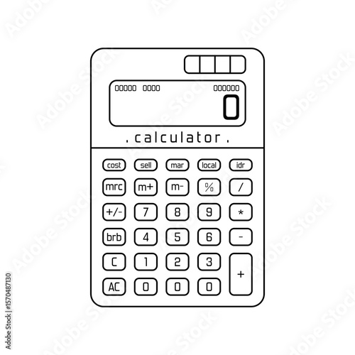 Outline vector icon of a desk calculator with digital display and clear button layout, ideal for business, finance, and educational illustrations.