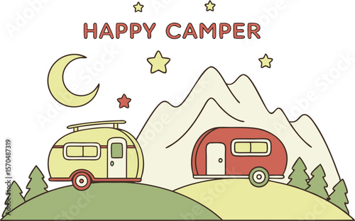 Happy Camper Illustration Two Retro Trailers in Mountains