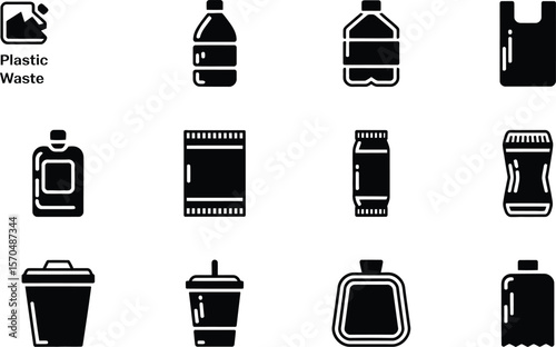 Black Silhouette Icons Plastic Waste Recycling vector