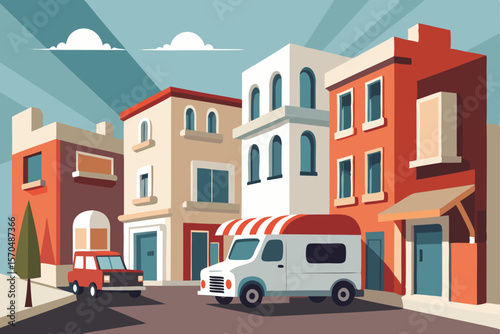 Charming Mediterranean Street Scene with Colorful Buildings and Van